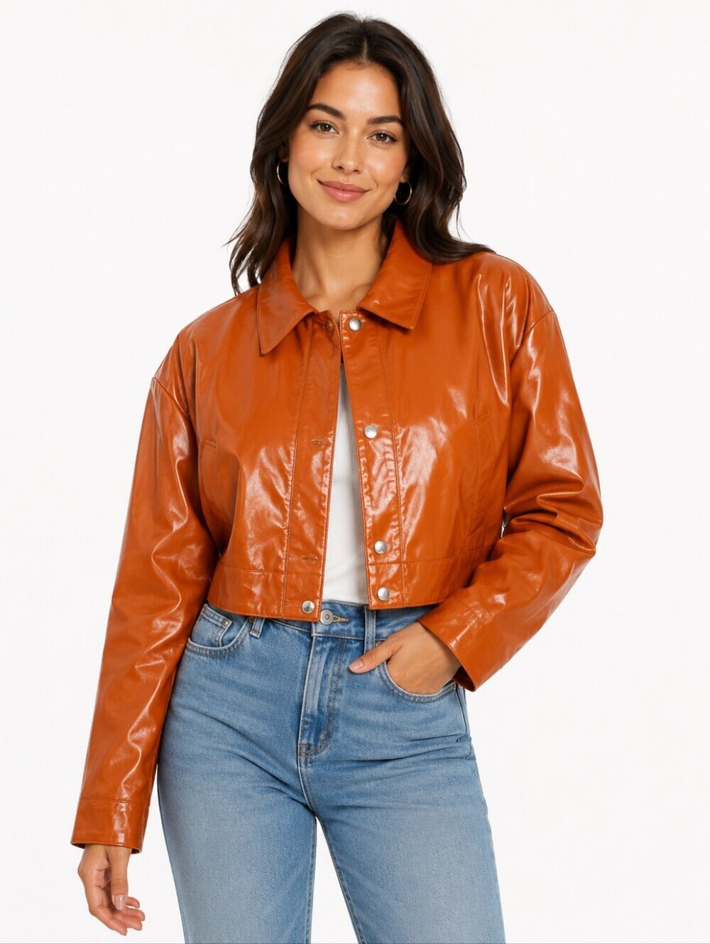 SHEIN Crop Women's Coral Brown Fsux Leather Jacket Zip Button Closure Size Large